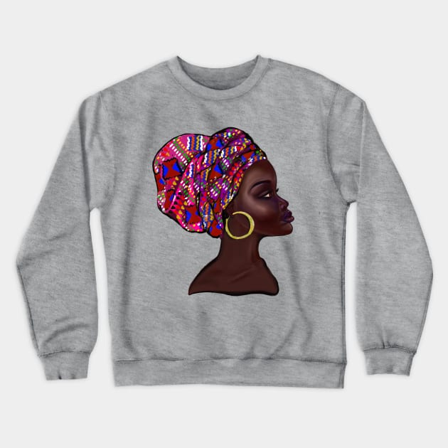 Afro queen With pink Kinte headwrap- Mahagony brown skin girl with thick glorious, curly Afro Hair and gold hoop earrings Crewneck Sweatshirt by Artonmytee